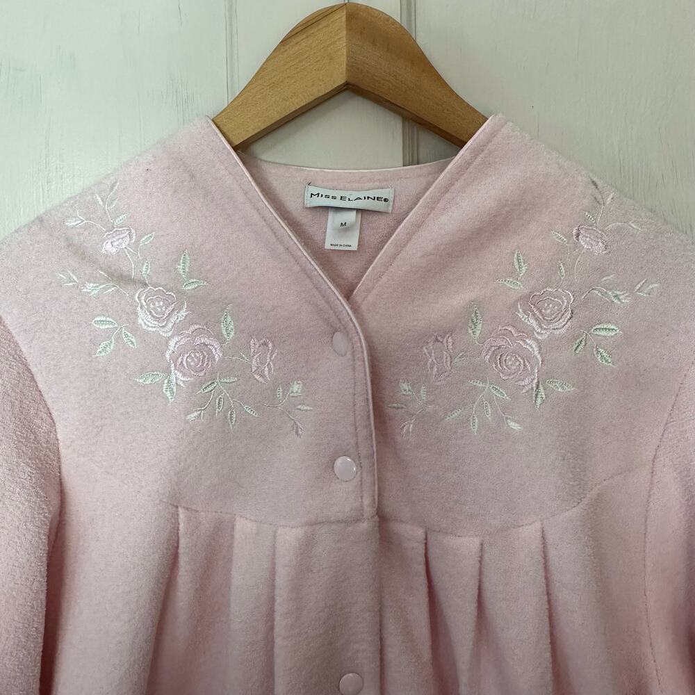 Miss Elaine Fleece Robe Housecoat Snap Front Pink Rose Embroidered Pockets M - Picture 4 of 6